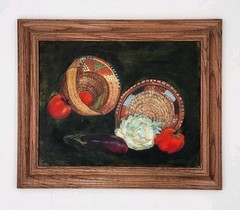 Vtg Southwest Still Life Oil Painting Indian Baskets Vegetables Framed Folk Art