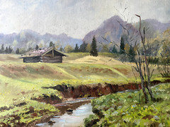Oil Painting Spring Voralpen Meadows Alm Hut Bach River Shore Antique Mountains