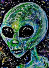 Original ACEO Painting ALIEN Selfie Stars ET Martian Grey Universe UFO ATC ART