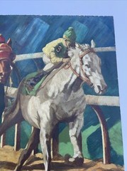 LARGE HORSE RACE PAINTING TRACK JOCKEY 48 INCHES IMPRESSIONISM AMERICAN LISTED