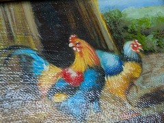 VTG Baroque Ornate Miniature Hand Painted Oil Painting Framed Chickens 7x6x1 3/8