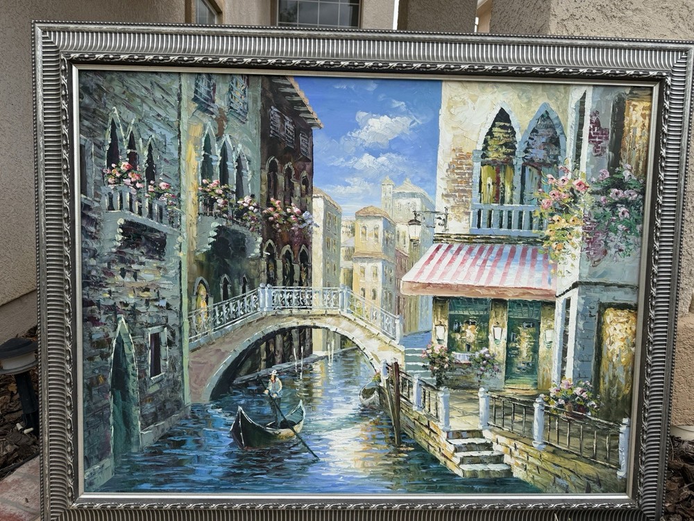 Large Framed Impressionist Venice Canal Cityscape Painting Gondola Bridge