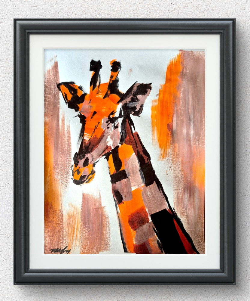 Original Giraffe 11×14 Expressionist Acrylic Painting Signed Warm Wall Art P051