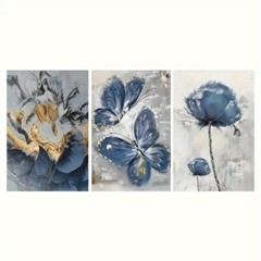 3pcs Blue Butterfly Oil Painting Modern Art Abstract Minimalist Painting Artwork