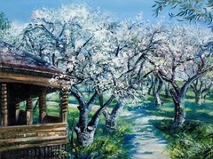 Original painting Spring garden , flowering trees art , oil on canvas spring