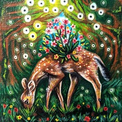 Original Acrylic Painting, Fawn in a Magical Forest, Fantasy, Whimsy Art, Deer