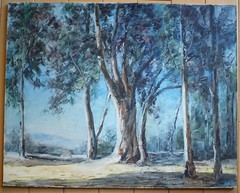 ALFRED DEWEY, LISTED EARLY CALIFORNIA EUCALYPTUS LANDSCAPE PLEIN AIR CALIF OIL