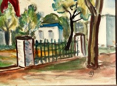 Vintage Modernist Watercolor Painting Spanish Church Buildings Mystery Artist