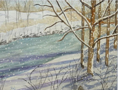 PAINTING WATERCOLOR 11X14 AND WHITE MAT 16X20 FOREST TREES STREAM WINTER SNOW