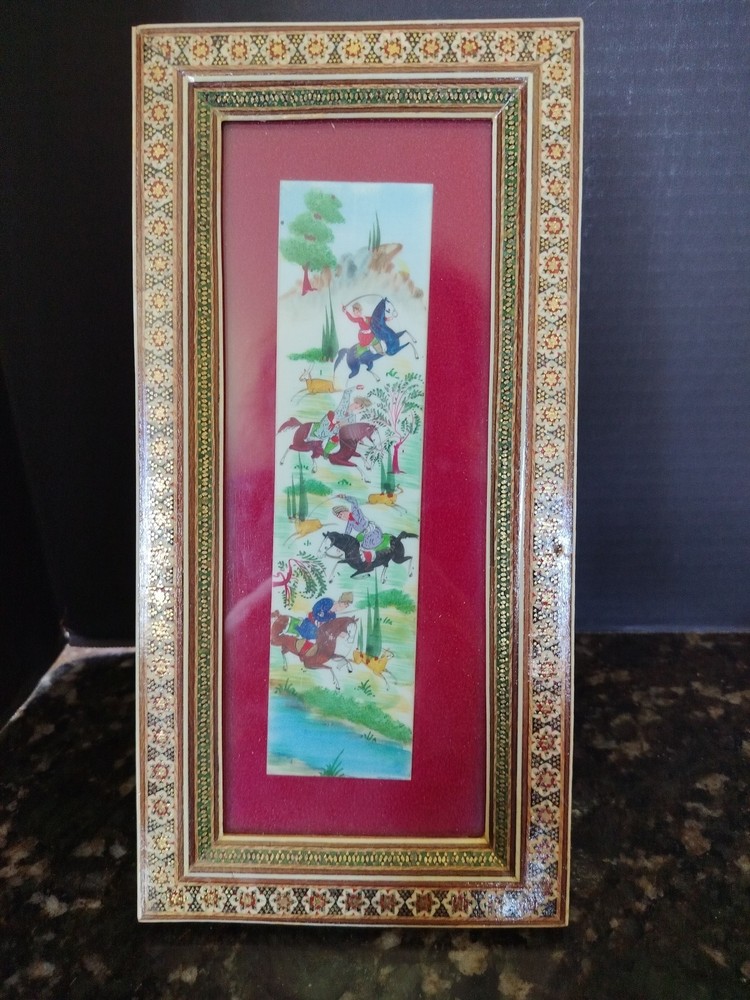 Persian Hand Painted Artwork in Wood Khatam Marquetry Frame Folk Art Hunting B1D