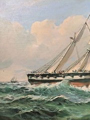 Robert Sanders Oil Painting of Two Masted British Warship Canvas Wood Frame