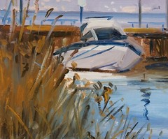 Lakescape Oil on mdf panel painting „Lake port“ 30cmx40cm,