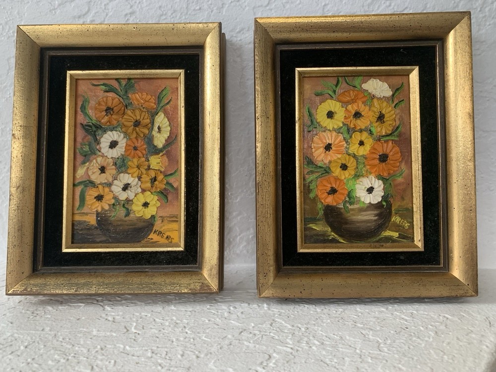 Gallery Wall Set of Two Framed 9”Floral Textured Color Signed Paintings