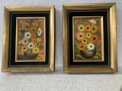 Gallery Wall Set of Two Framed 9”Floral Textured Color Signed Paintings