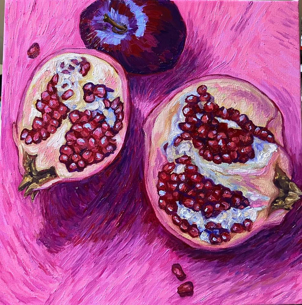 Pomegranate, Art work, still life, pink, oil painting, 12” x 12” ,unframed