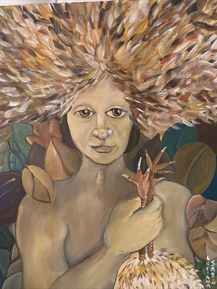 Vntg Folk Art Portrait Woman Holding Chicken Legs 23” X 18” Acrylic On Wood