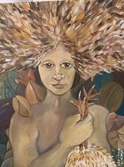 Vntg Folk Art Portrait Woman Holding Chicken Legs 23” X 18” Acrylic On Wood
