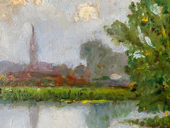 Impressionist Around 1900 Gold Frame Church By The River Summer Day Water