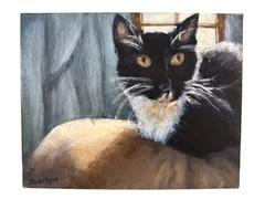 Original Oil Painting, Tuxedo Black White Cat At Window, Signed Swanteson, 8×10”