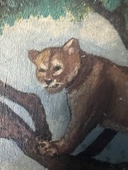 Orig. Vintage Western Hunting Painting Hunter Cowboy Bobcat Cougar Hunting Dogs