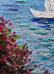 Amalfi Coast Sailboat Original Oil Impasto Painting Italian Seascape 8 x 16 in