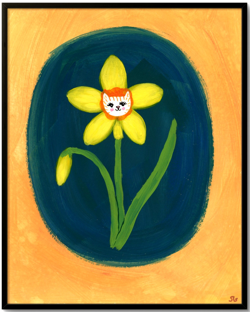 Daffodil Cat Flower Painting, Whimsical Cat Art 8×10