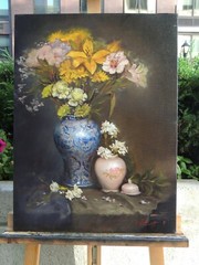 Original Oil Painting Still Life Realism Flower in Chinese Painting Vase 18×24″