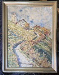 Aquarell Monogram A.H Obstalden Glarus Schweiz Kirche Antik Selten Rahmen