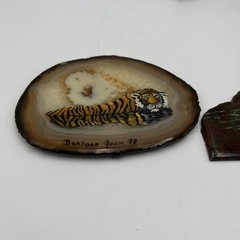 Vintage Art Hand Painted Tiger On Agate Slice Barbara Jean 2 Set 1 Tile