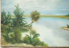 Vintage Florida Landscape Oil Painting Watery Palms Signed R. Northrop 14×18″