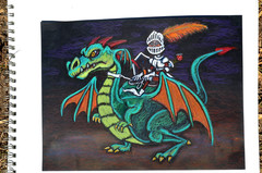 Mixed Media Humorous Knight on Dragon Original Art Signed 8.5 x 11