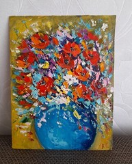 meadow flowers original oil painting, poppies wall art, bouquet flowers in vase