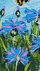 ACEO Cornflowers 1 Honey Bee Original Painting Wildflower Bumblebee Handmade Art