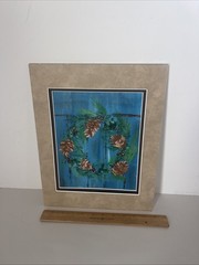 Pinecone Wreath Painting Matted Winter Holiday Decor Rustic Wall Art 14×12”