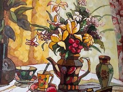 Vibrant Still Life with Flowers and Pottery – Oil Painting on Canvas“
