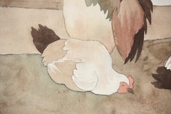 Rooster with Two Hens, Chickens, Watercolour, Art Nouveau, France, Circa 1900