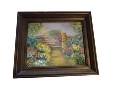 Vintage acrylic on canvas board 8×10 painting titles „Garden Gate“ framed