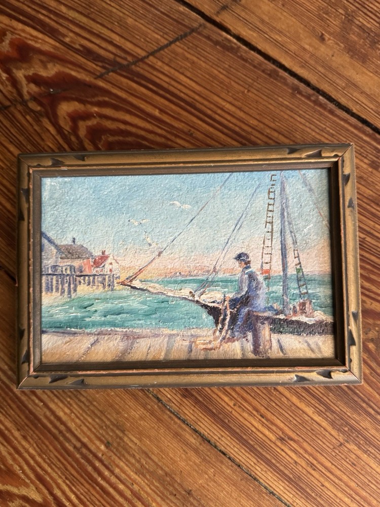 Antique Oil on Board Painting – New England Maritime Shore Fisherman on Dock