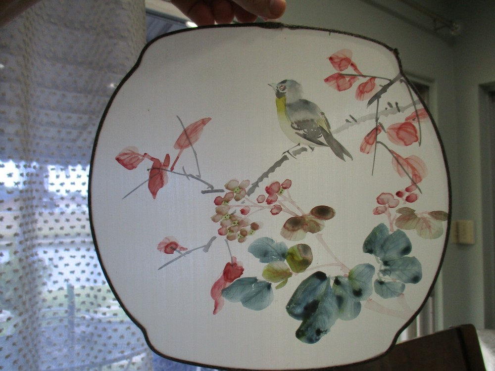artist hand painted bird on cherry tree branch silk wall hanging 10 x 10 1/2