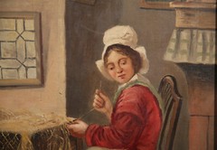Antique Possibly American Vermeer Inspired Mother Daughter and Cat Genre Scene