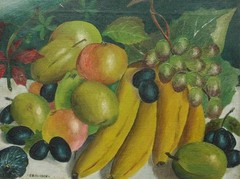 Antique Oil on Canvas Still Life Of Bananas, Apples, Grapes, Etc – Signed Braden