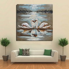Two White Swan painting. 3d bird Wall Sculptural painting. Smooth texture Art.