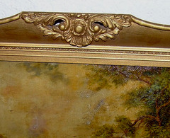 Antique 19th C. Landscape Gathering Watering Cows Oil on Board Gilt Ornate Frame