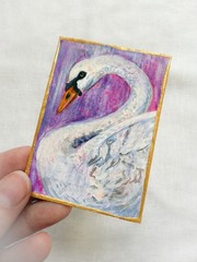 Swan Original Miniature Oil Painting by R.Machan 2.5″x3.5″ Animal Art ATC ACEO