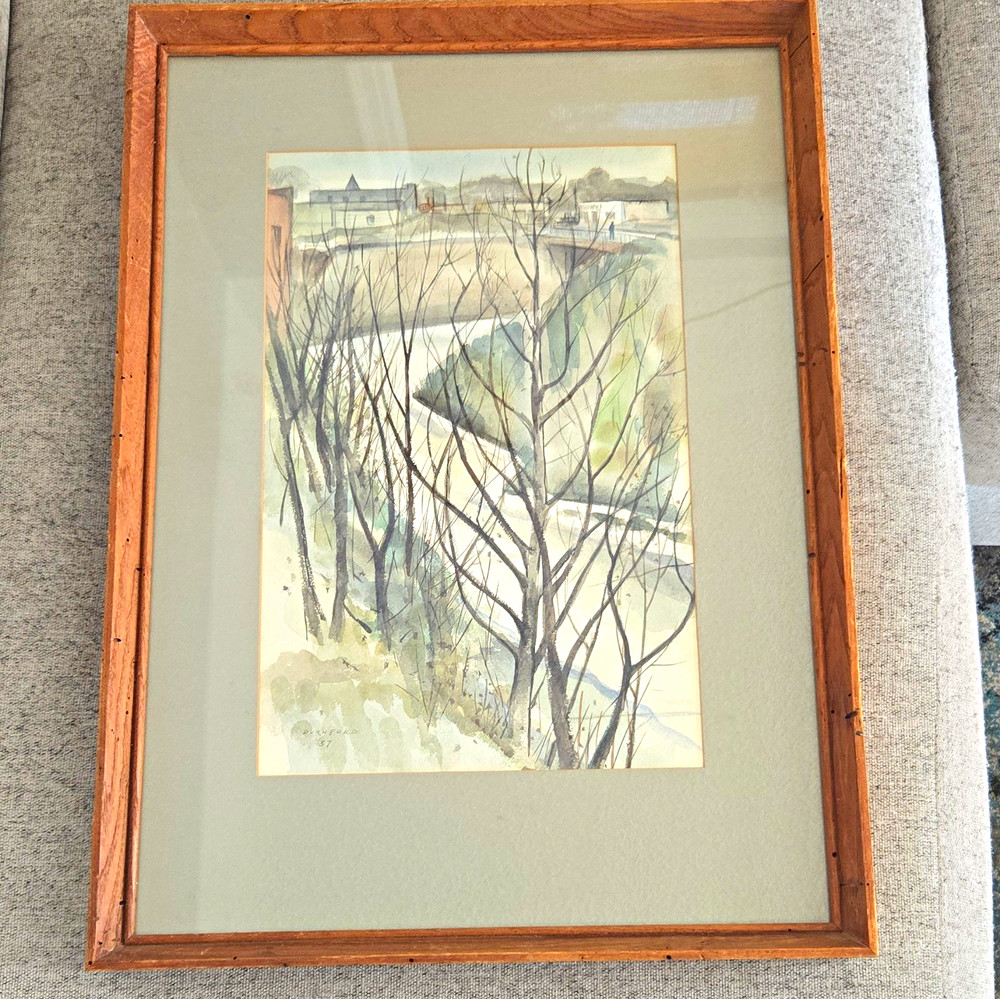 T. X. Durnford 1957 watercolor „Swan Creek in January“ signed matted frame 25×18