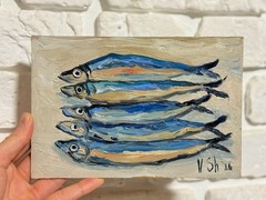 Sardine Original Oil Painting Fish Seafood Art Sardine Still life Kitchen Signed