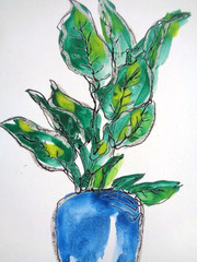 ACEO Tall Green LEAVES PLANTER Watercolor Painting Art