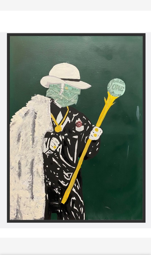 “MoneyMan-MoneyPimp” 18×24 Acrylic painting original by Mandy Bennett 