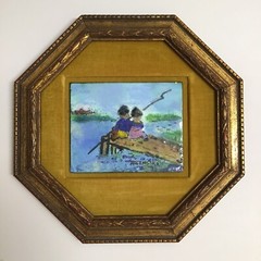 Enamel on Copper Painting SIGNED Helen Regenstreif Children Fishing 10” Vintage