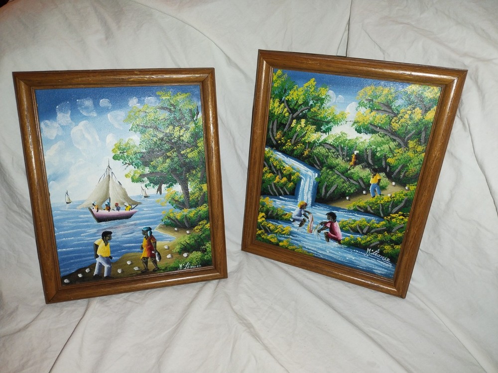 Haitain Seaside Village Oil Paintings Fishing Sailboat Sunny Day 11 1/4″ x 9 1/8